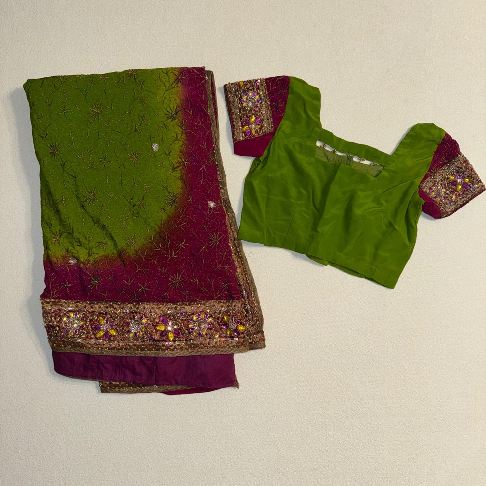 Embroidered‎ Saree Blouse with Dupatta Green Pink Sequins Formal Party Wear